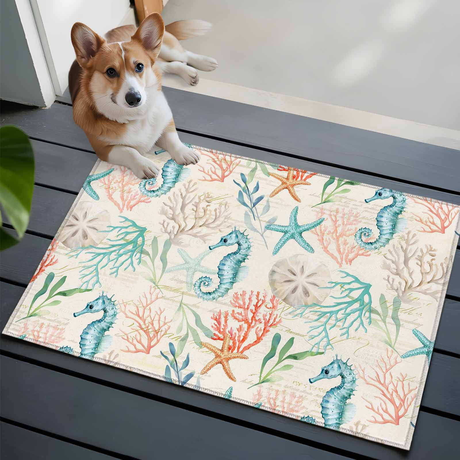 Entryway Rug 2'x3', Teal Red Coastal Small Rug for Kitchen Bathroom Door Mat Indoor Entrance, Nautical Seahorse Beach Coral Starfish Retro Non-Slip Area Rugs Floor Mats Carpet Front Door Rugs