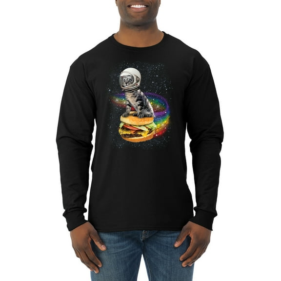 Funny Graphic Astronaut Cat in Space on Cheeseburger | Mens Cat Lover Long Sleeve T-Shirt, Black, Small