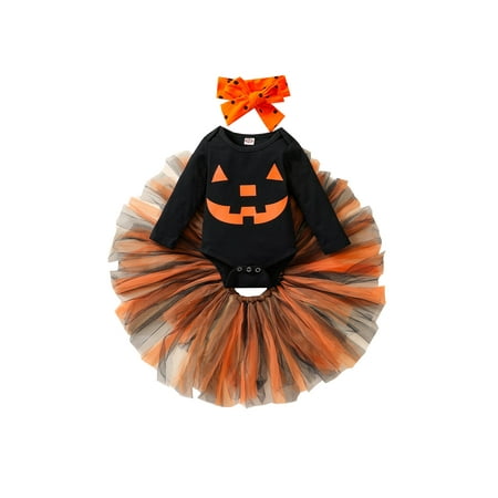 

Cathery 3pcs Newborn Baby Girl My 1st Halloween Outfits Pumpkin Romper Tutu Skirt Headbands Funny Clothes Set