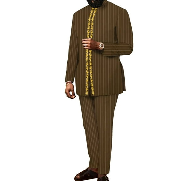 BAZINRICHE Africa Men Fit Fancy Top and Pant Set Strip Wedding Banquet Business Party Suit Outfit wynt115