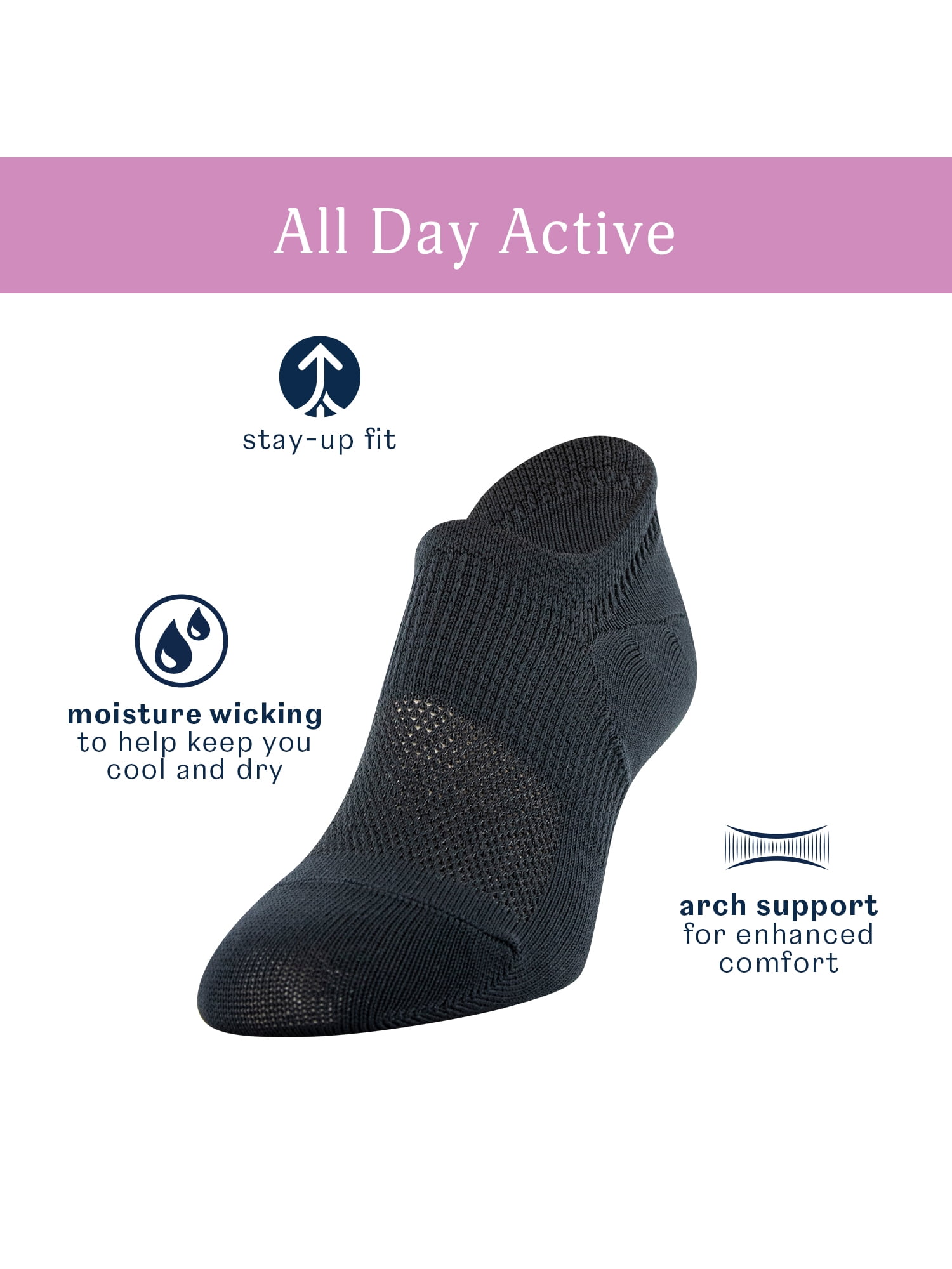 PEDS Women's All Day Active Nylon Invisible Socks White, 6 Pairs, Sizes 5-10