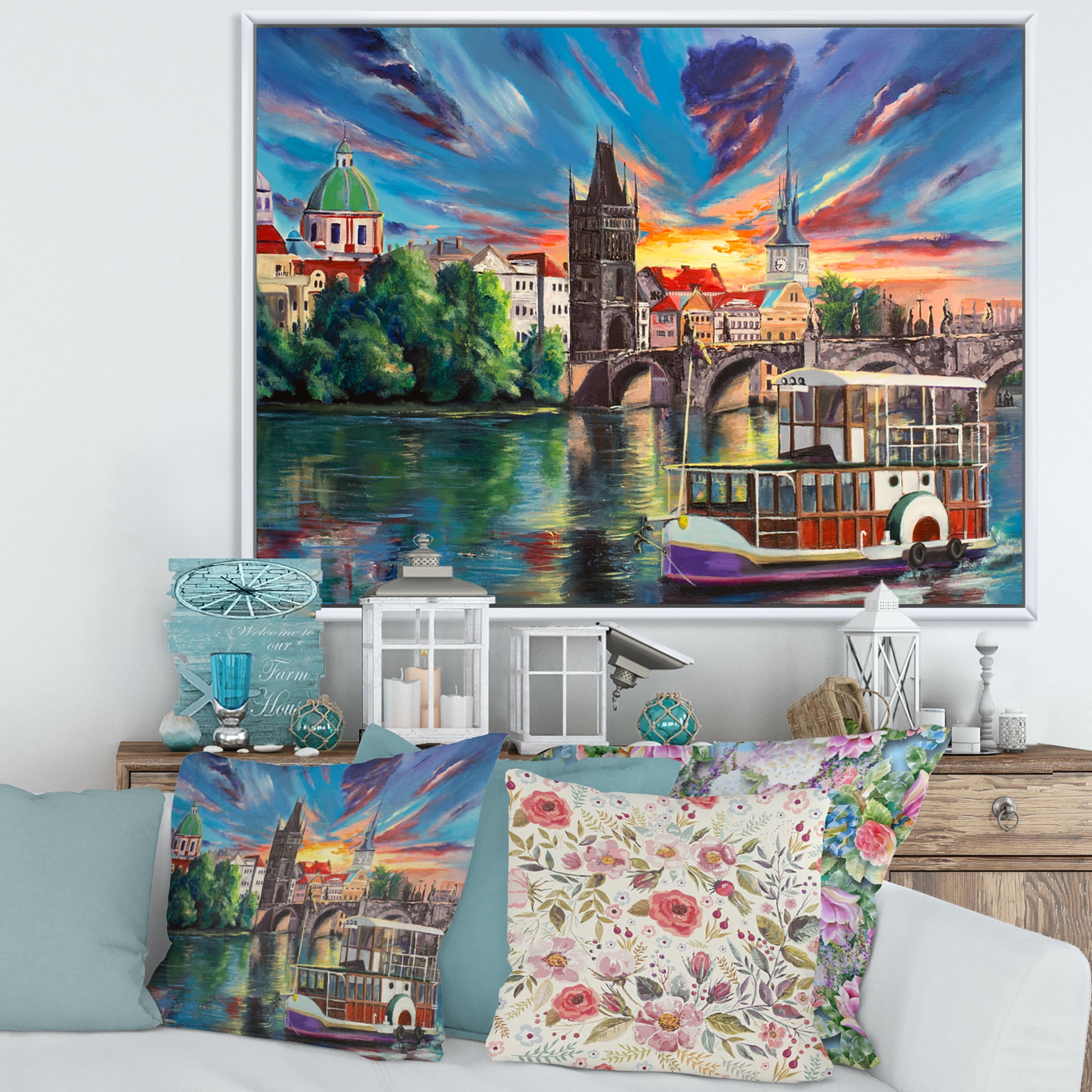 Designart 'Sunset Over Cityview Of Prague' Children's Art Framed Canvas Wall Art Print
