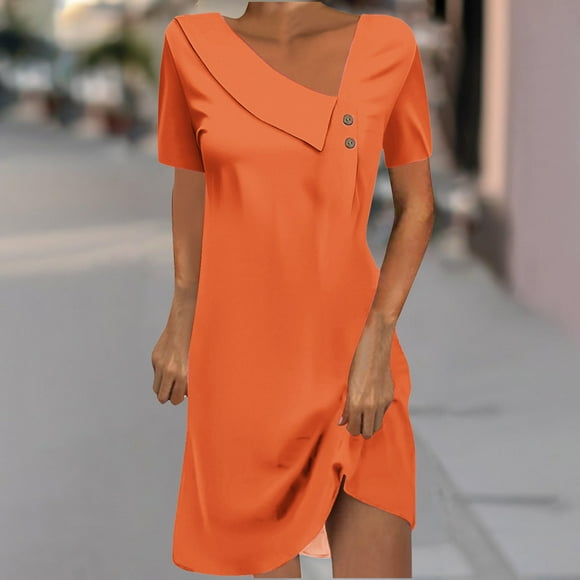 Women Summer Casual Dresses Button V Neck Short Sleeve Solid Color Maxi Dress V-Neck Mid-Calf Dress