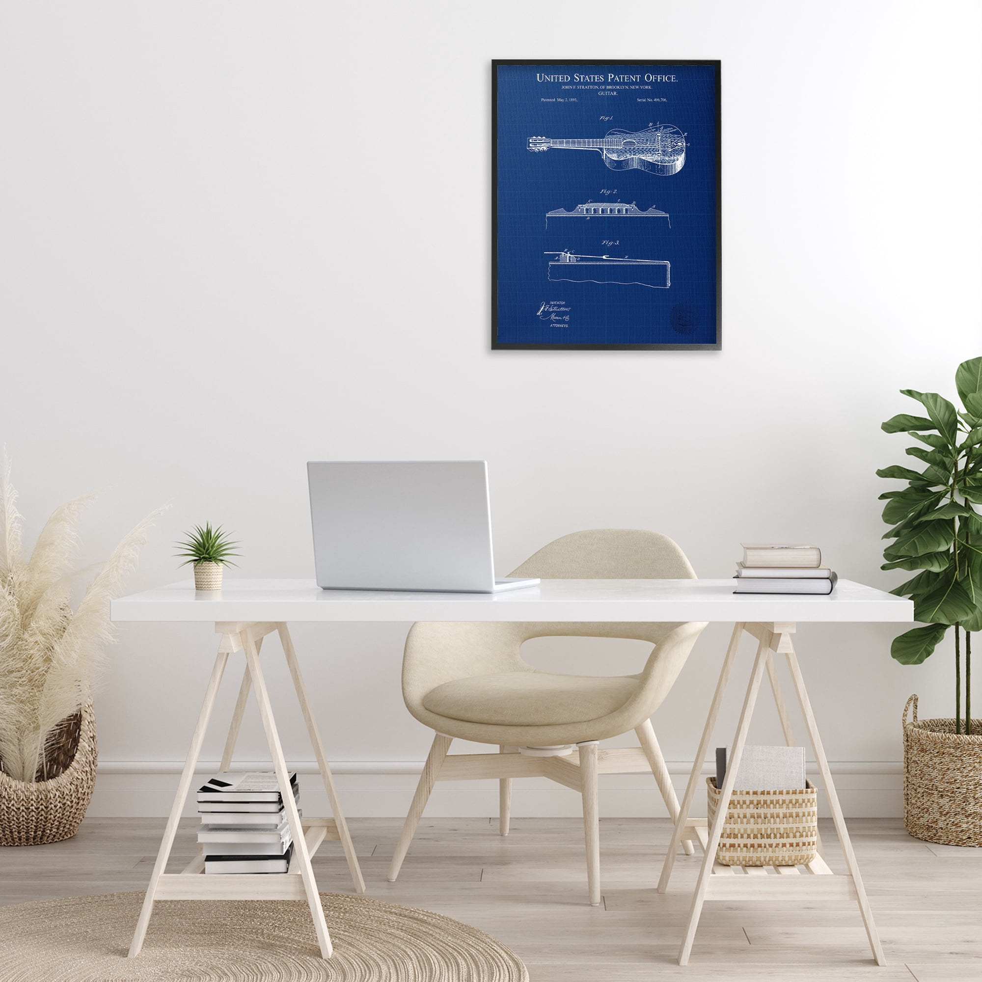 Stupell Industries Acoustic Guitar Blueprint Performing Arts Painting Black Framed Art Print Wall Art, 24 x 30