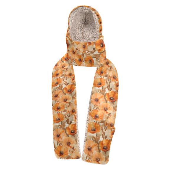 BZSMCE Warm Fleece Hood Scarf Wrap Autumn Poppies Pattern