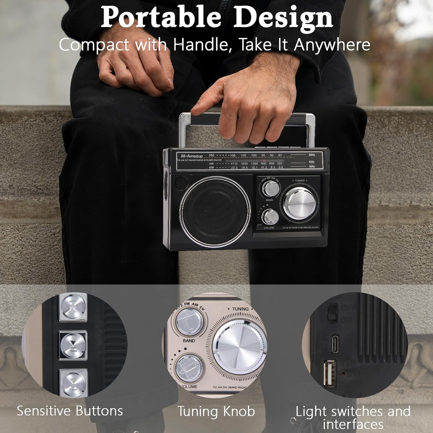 AM FM SW Radio Portable with Bluetooth Speaker, Illumination, USB TF Card Playing, Solar/USB-C Rechargeable Radios, Colorful Light, Transistor Radios Portable Emergency, Bluetooth Radio