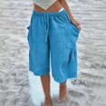 thumbnail image 2 of Women's Loose Fit Wide Leg Pants Summer Cotton Linen Casual Five Quarter Pants Elastic Waist with Drawstring Trouses by Yigetop Sky Blue 3XL, 2 of 5