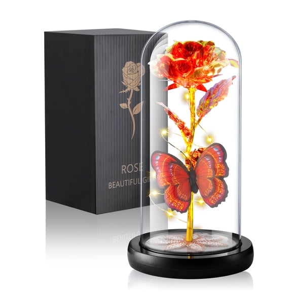 Qoosea Rose Éternelle avec Papillon dans un Dôme en Verre Roses Rouges avec Lumière DEL Fleurs Artificielles Fête des Mères Anniversaire Noël Saint-Valentin Cadeaux