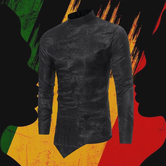 Men's African Month Ethnic Button Open Shirt with Dark Pattern Long Sleeve Made of Polyester Fabric Which Is Soft Lightweight and Comfortable for Casual Wear in All Seasons