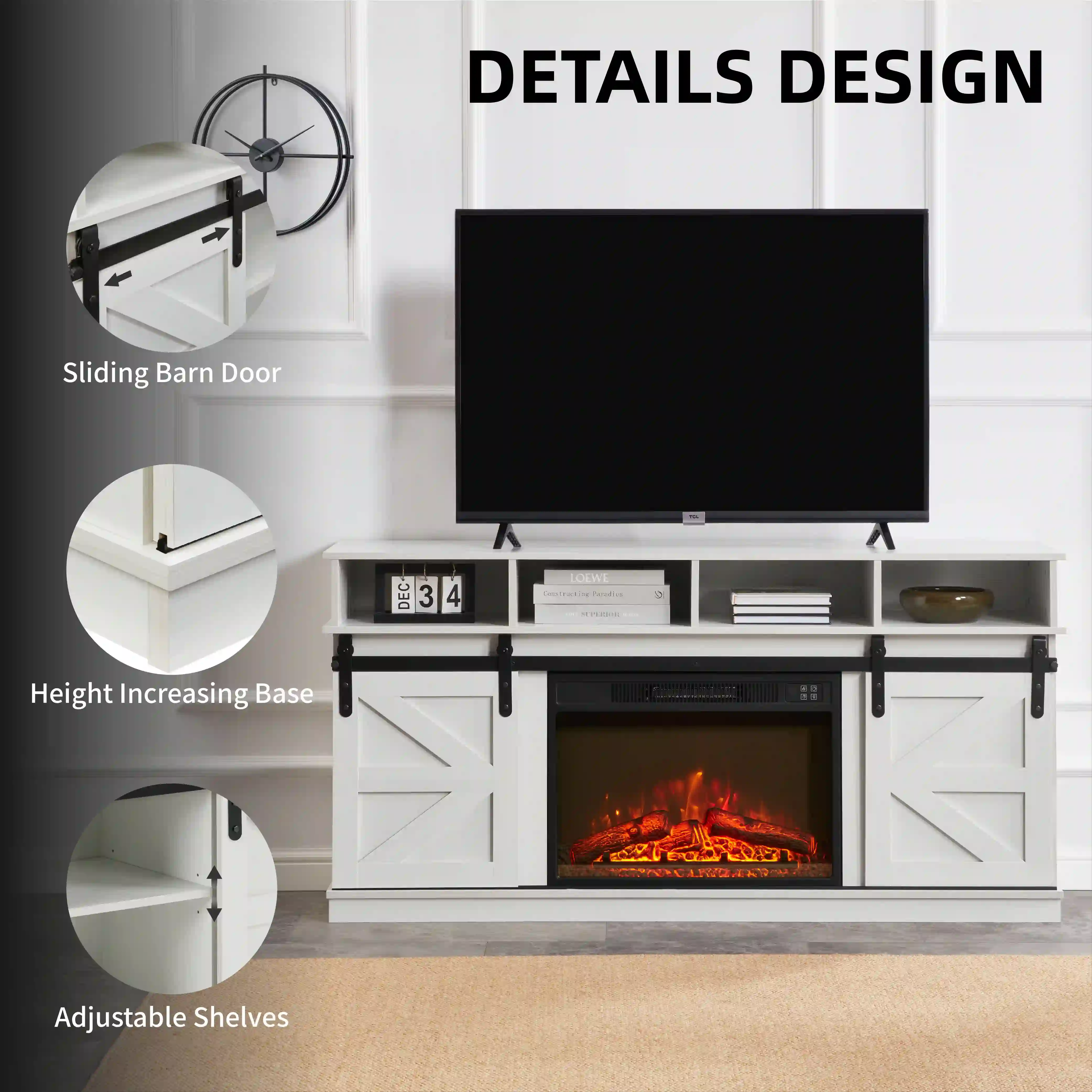 Aukfa Farmhouse Sliding Barn Door TV Stand for TVs Up to 65",Storage Cabinet Table,White