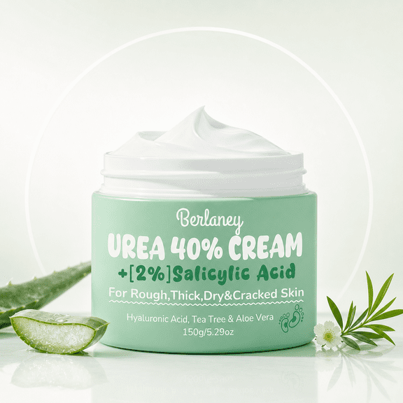 Berlaney 40% Urea Cream with 2% Salicylic Acid, Intensive Repair Urea Foot Cream for Dry Cracked Heels, Callus Remover with Hyaluronic Acid, Tea Tree & Aloe Vera