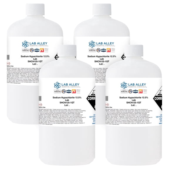 Lab Alley Liquid Chlorine 12.5% Sodium Hypochlorite, for Swimming Pools, Spas & Power Washing, Fast-Acting, Non-Staining, Pack of 4 x 1 Quart Bottles