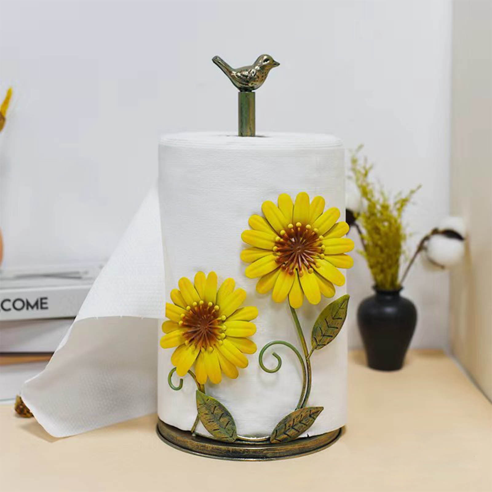 Hxlazmoo Metal Sunflower Paper Towel Holder - Rustic Home Decor for Kitchen, Dining Room, Coffee House | Waterproof Vintage Metal Tissue Roll Stand with Bird Motif | Housewarming Gift (14.4x7.1 Inch)