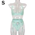 thumbnail image 1 of Conjunto de ropa interior de encaje floral de 3 piezas para mujer, sujetador sexy, bragas, liguero, azul cielo, S kenally XX000052-08, 1 of 7