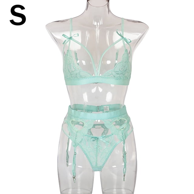 Conjunto de ropa interior de encaje floral de 3 piezas para mujer, sujetador sexy, bragas, liguero, azul cielo, S kenally XX000052-08