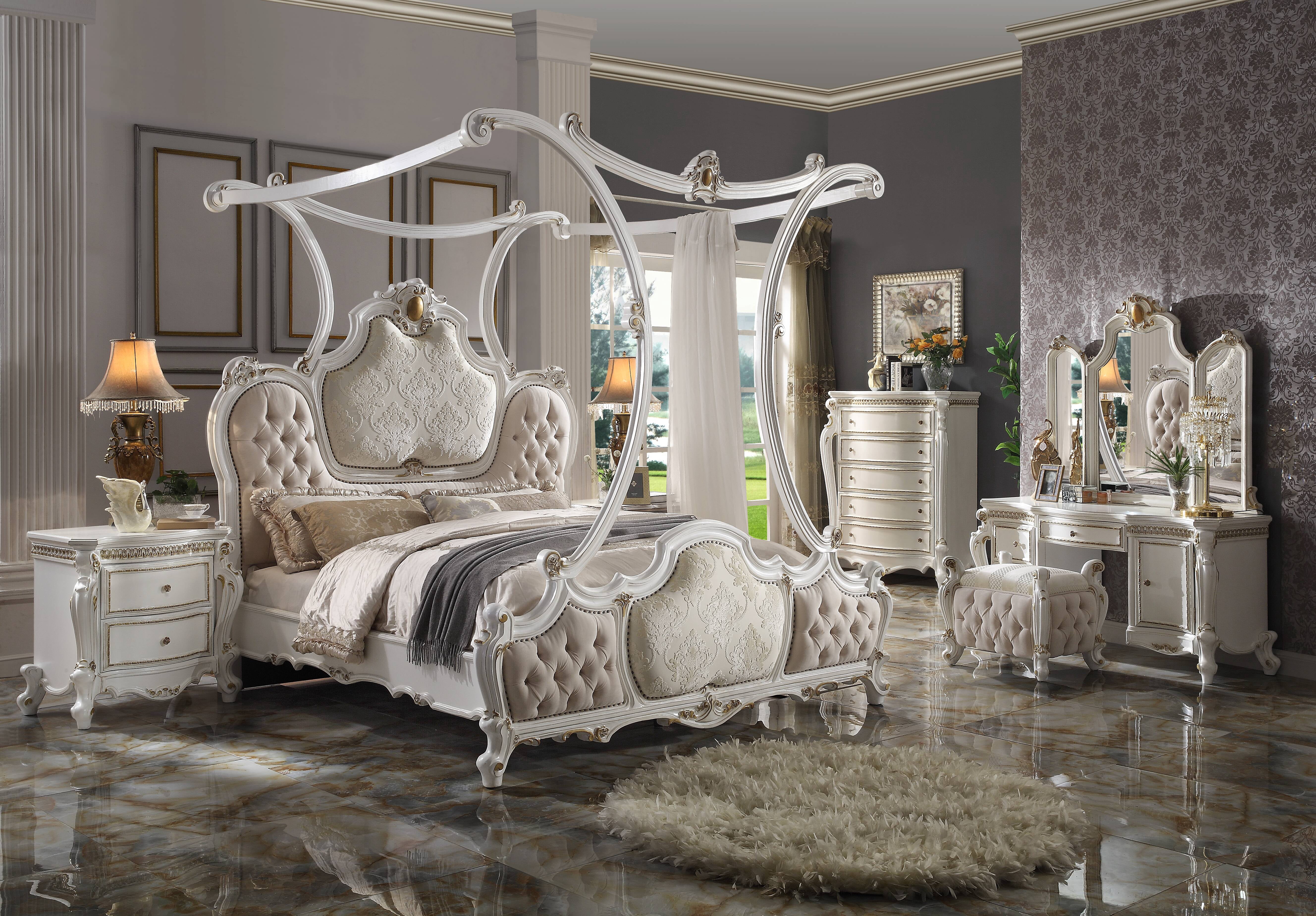 ACME Picardy Tufted Fabric Eastern King Bed with Canopy in Antique