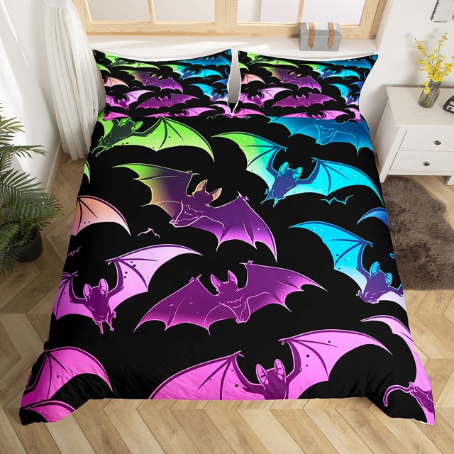 YST Colorful Bat Print Duvet Cover Set, Rainbow Gradient King Size Bedding for Kids, Happy Halloween