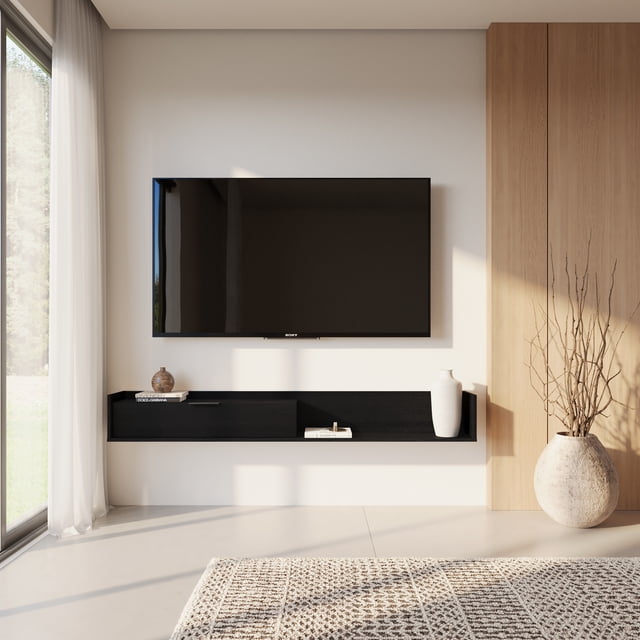 Nexera Slim 72" Wall-Mounted TV Stand with Storage Cabinet, Black