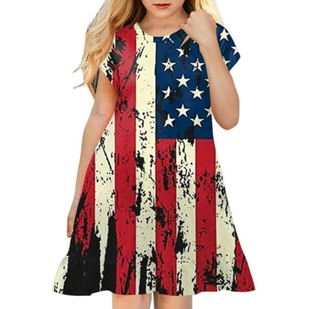 

Zlekejiko Toddler Kids Girl Fourth Of July Independent Day Star Stripes Prints Short Sleeves Party Princess Dress Cardigans for Toddler Girls 2t Size 6t Girls Clothes