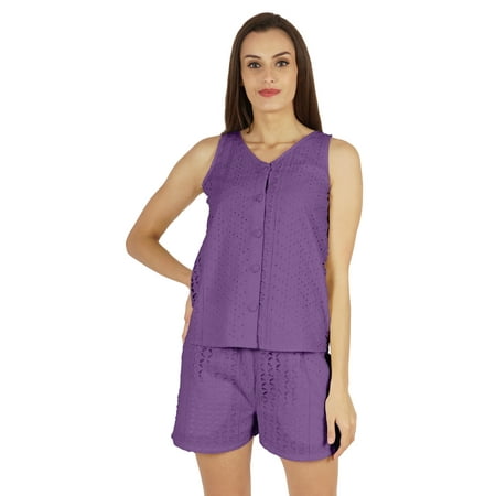

Bimba Sexy Schiffli Nightwear Set For Womens 2 Pcs Summer V-Neck Sleeveless Loungewear