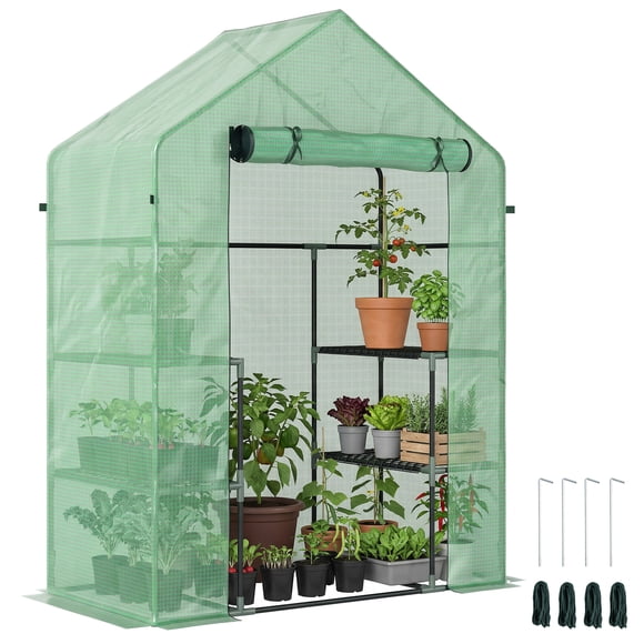 Outsunny Mini Greenhouse, Walk-in Greenhouse with 4 Shelves, Roll-Up Door