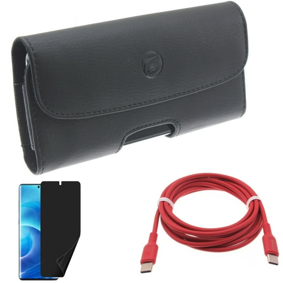 Privacy Screen Protector w Red 6ft Long Cable w Case Belt Clip for Samsung Galaxy S20 - TPU Film [NOT GLASS], USB-C to Type-C PD Fast Charger, Leather Holster Y7L fits Samsung Galaxy S20 Model