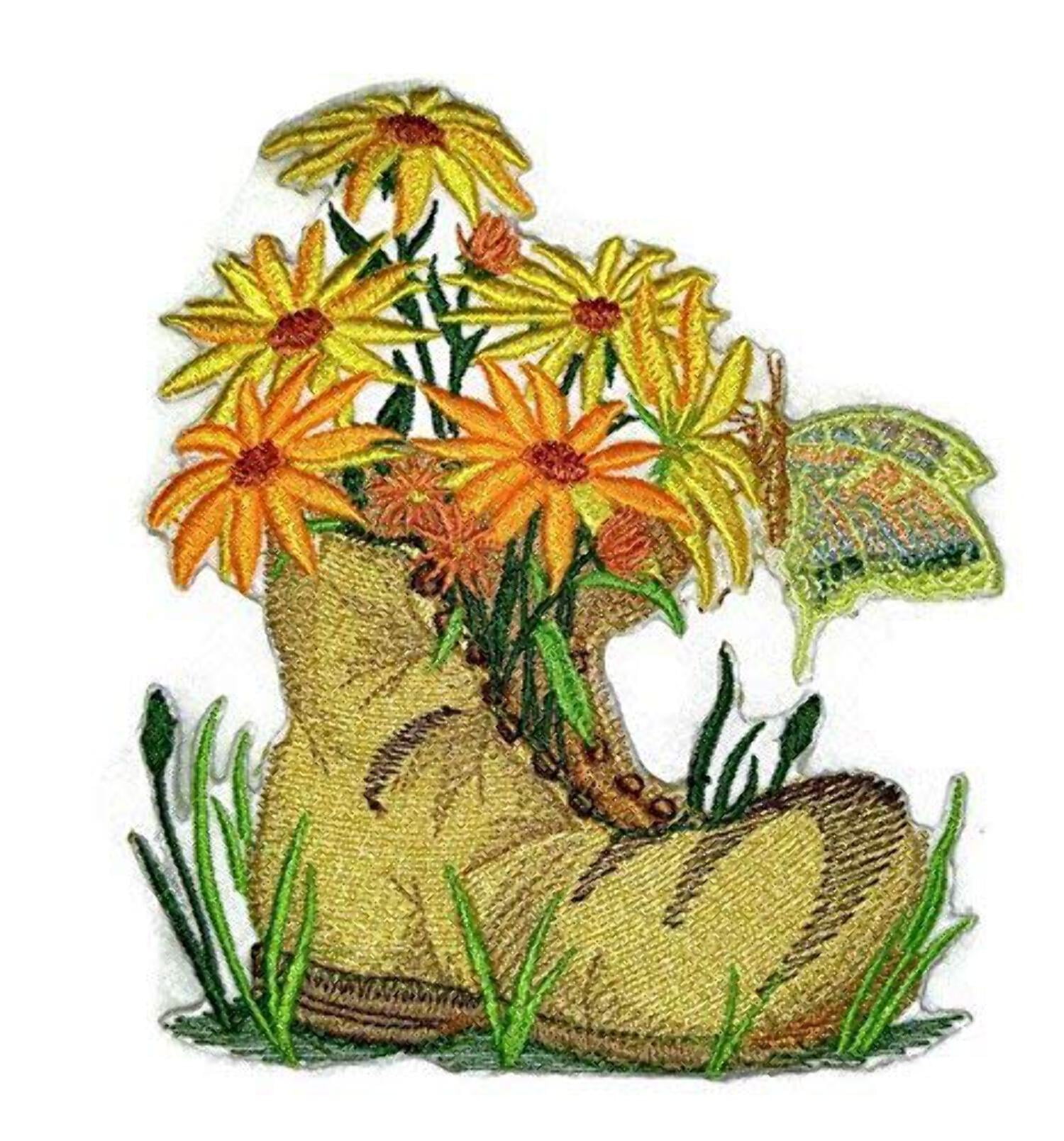 Custom and Unique Spring Blooms Flowers with Vase[Bloom in Boot] Embroidered Iron on/Sew Patch [5.3" 4.86"]
