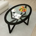 thumbnail image 2 of Glass Coffee Table, Modern Simple Oval Table with Tempered Glass Top&Solid Wood Legs, Study Accent Center Table for Terrace Living Room Office, Black, 2 of 8