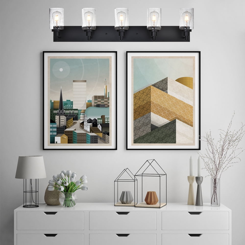 MELUCEE 5-Light Farmhouse Bathroom Light Fixtures Black Finish with Seeded Glass Shade