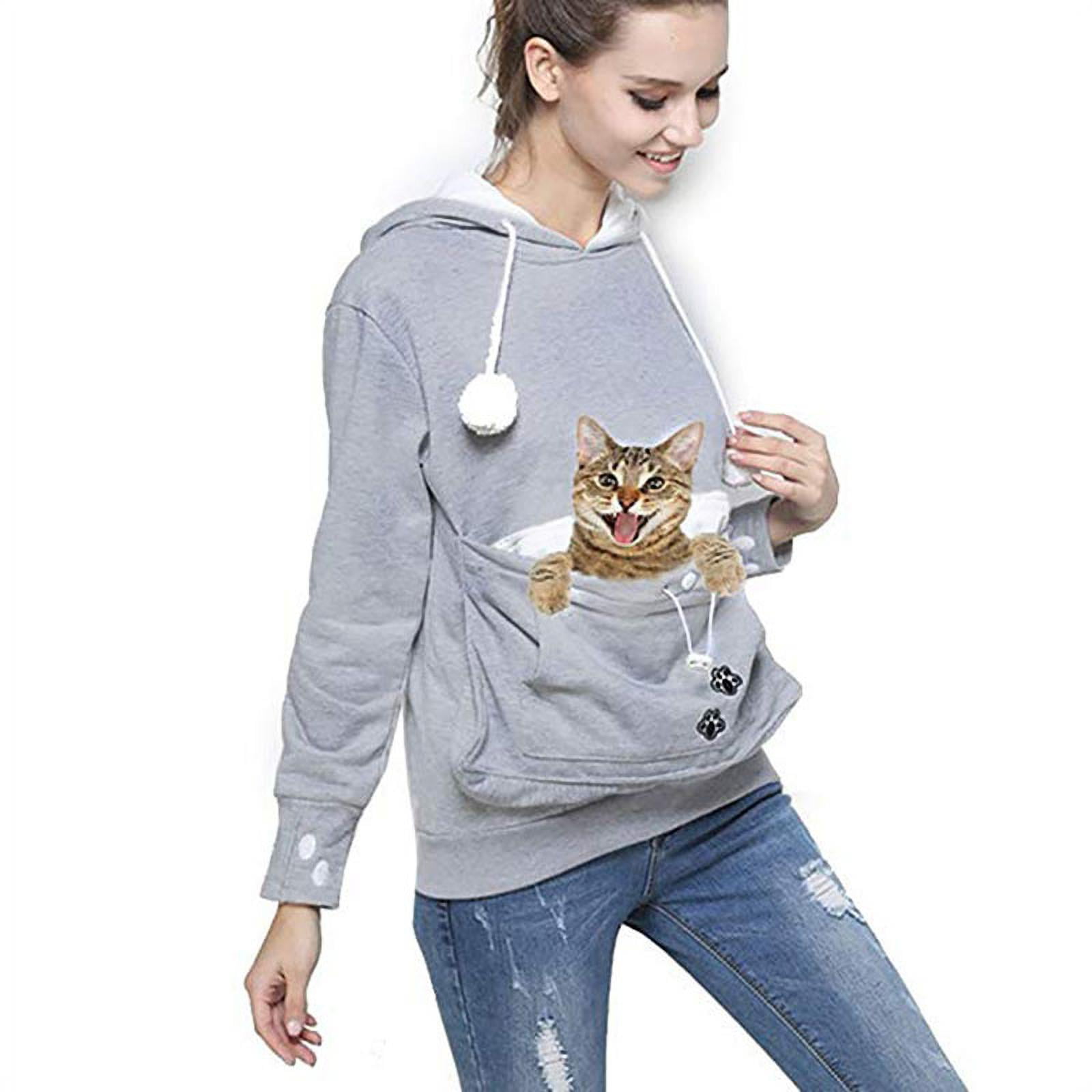 Womens Cat Hoodie Kitten Carrying Sweatshirt Zip Up Tops Shirts Breathable Pullover Blouse Soft Pet Pouch Puppy Holder