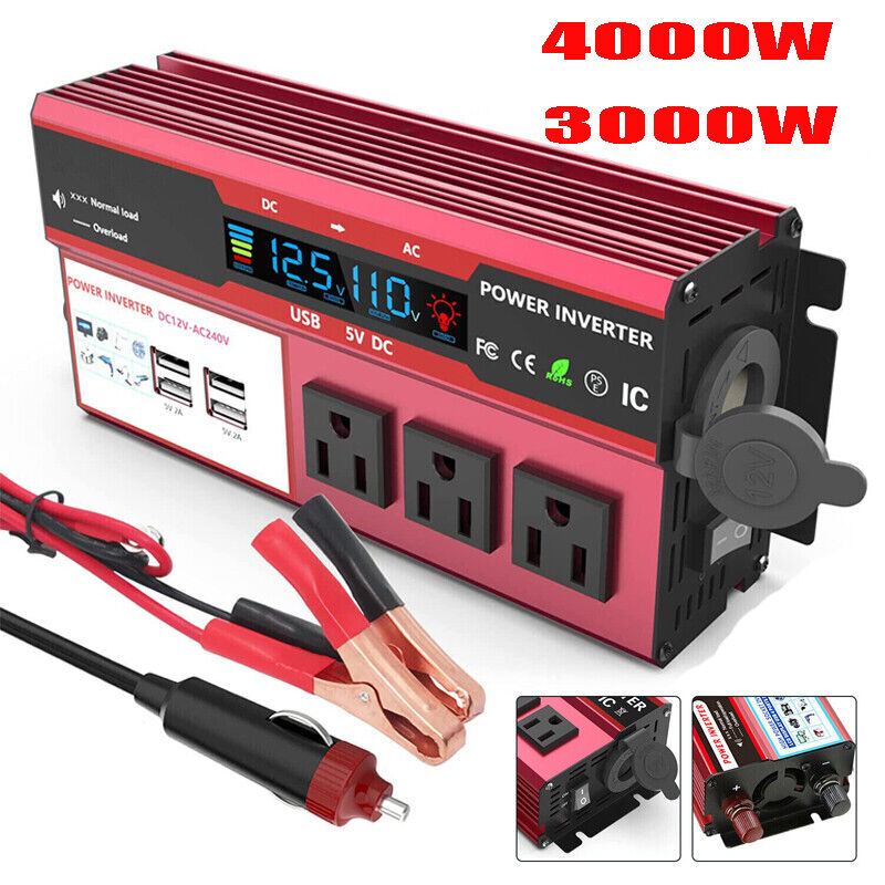MDHAND 1000W/3000W/4000W Car Power Inverter DC 12V to AC 110V 120V Converter 4USB off Grid Boat LCD