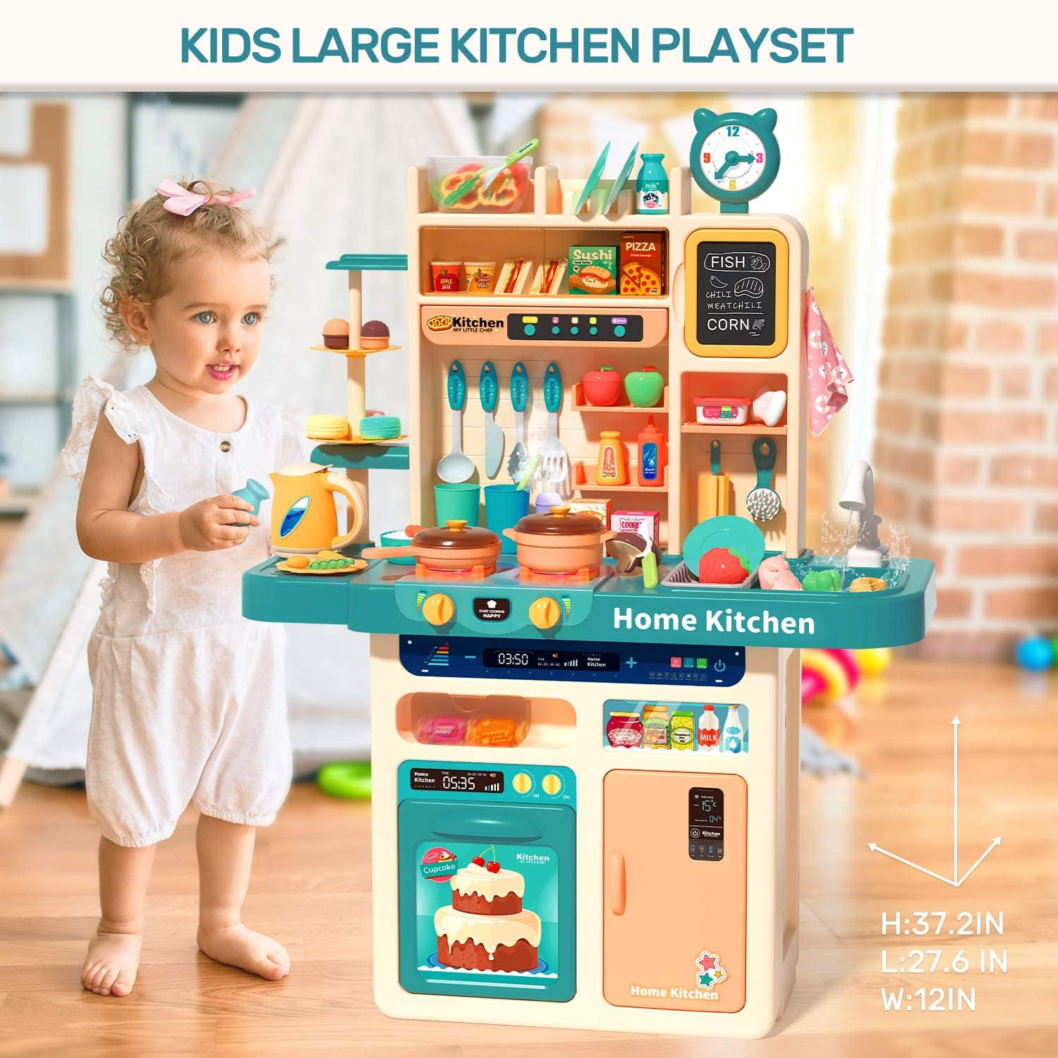93PCS Kids Kitchen Playset,Play Kitchen Toy with Realistic Lights & Sounds,Pretend Steam,Play Sink & Oven,Color Changing Play Food,Menu Board & Other Kitchen Accessories Set for Toddlers