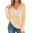 thumbnail image 3 of Bathing Suit Cover Up for Women Beach Cover Up Letter Print Long Sleeve Sweater Sweatshirts V Neck Split Hem Crochet Jumper Top, 3 of 7