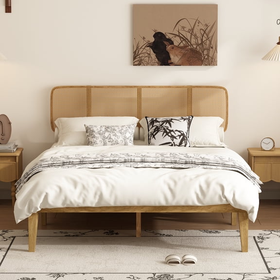 OXYLIFE Rattan Bed Frame Queen Size,Boho Rustic Wood Platform Bed Frame with Rattan Headboard, 12 Plywood Slats, Curved Edge, No Box Spring Needed, for Bedroom, Light Oak,82.9”L x 62”W x 40.9”H
