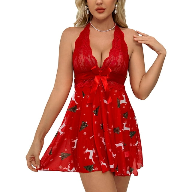 Nituyy Robe de Nuit d'Halloween pour Femmes Col Licou Dos Nu Lingerie en Dentelle Patchwork Imprimé Citrouille