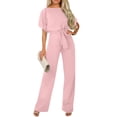thumbnail image 5 of Huankd Womens Summer Casual Short Sleeve Pants Suit Beach Vacation Romper Belted Dressy Wedding Guest Jumpsuit Jumper Pink S, 5 of 5