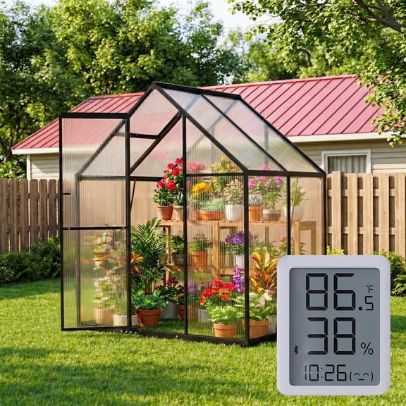 Sylviera 6x4ft Walk-in Greenhouse with Thermometer, Polycarbonate Panels, Reinforced Aluminum Frame, Compact Backyard & Patio Green House with Adjustable Roof Vent