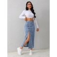 thumbnail image 3 of Light Wash-2 Denim Midi Skirt With Front Button Closure And High Side Slit, 3 of 30