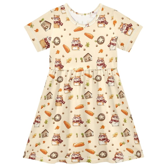 Squirrel Short Sleeve Dress A-Line Cute Midi Casual Sundress 2-8 Years