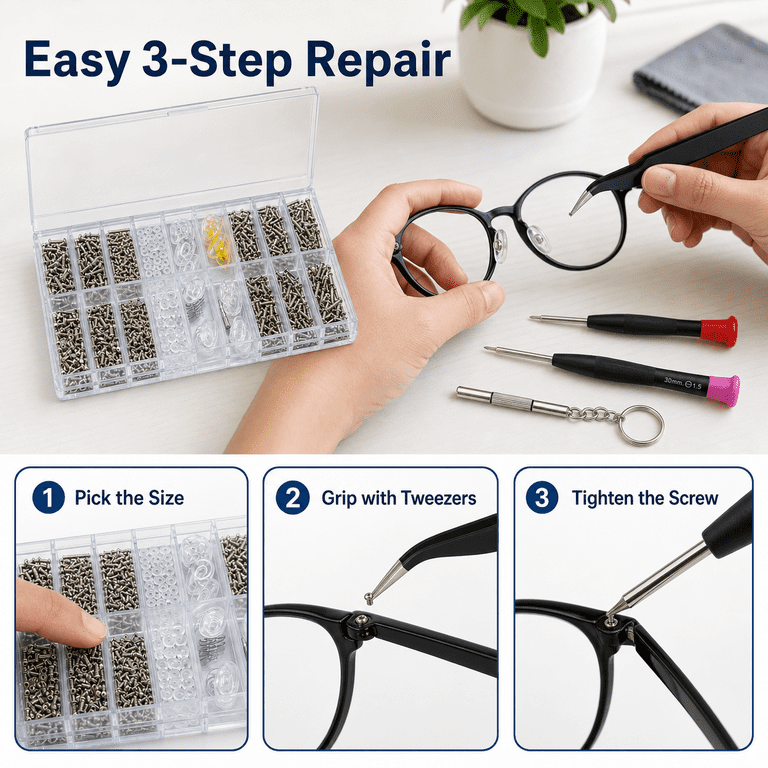 Kabuer Glasses Repair Kit, Stainless Steel Screws, Nose Pads