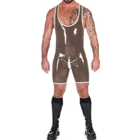 Mens Glossy PVC Leather Tank Leotard Sleeveless One-piece Bodysuit Open Crotch Singlet Jumpsuit