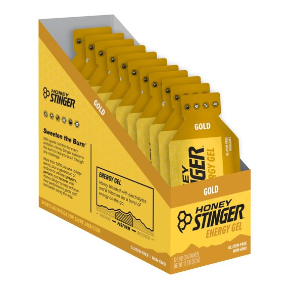 Gel energético Honey Stinger Gold, sin gluten ni cafeína, para ejercicio, running y rendimiento. Nutrición deportiva para el hogar y el gimnasio. Para antes y durante el entrenamiento. Paquete de 12 u