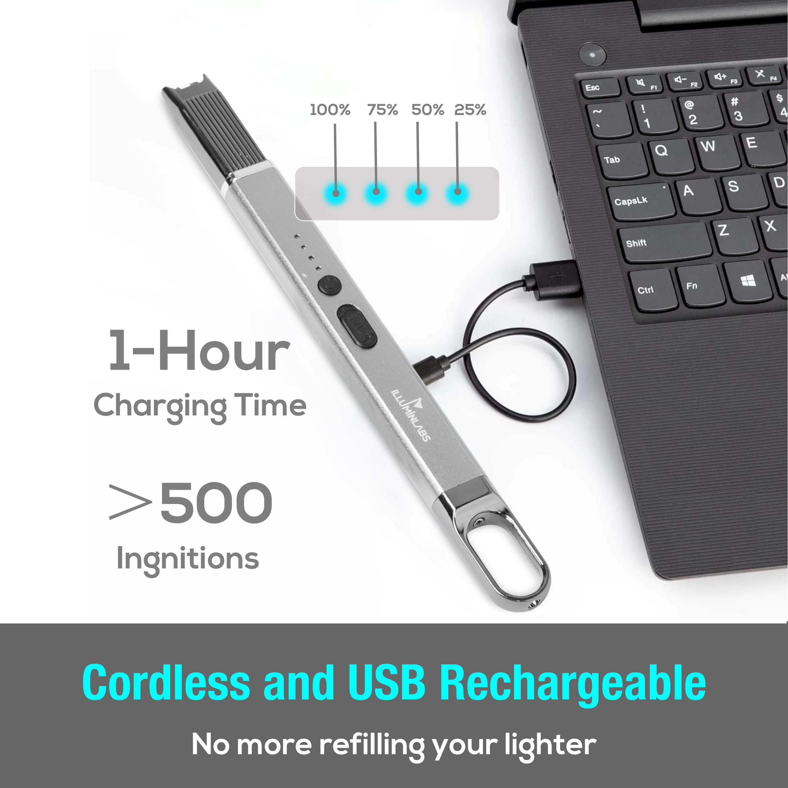 Electric Lighter - USB Rechargeable Candle lighter, Windproof Flameless Plasma Arc Lighter for BBQ Grill, Camping, Stove, 7.5" Long Stick Lighter,Silver