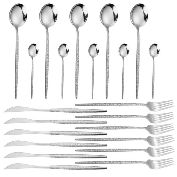Elegant 24-Piece Hammered Stainless Steel Flatware Set - 6 Dinner Knives, 6 Spoons, 6 Forks & 6 Teaspoons in Silver - Perfect for Formal Dining and Everyday Use