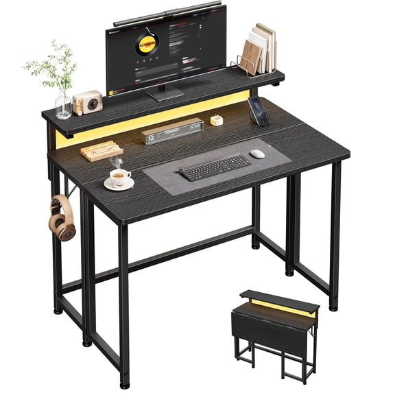 Romorgniz Foldable Desk with LED Lights and Monitor Stand, 31.5"W Small Computer Desk with Hooks for Small Spaces & Corner, Black