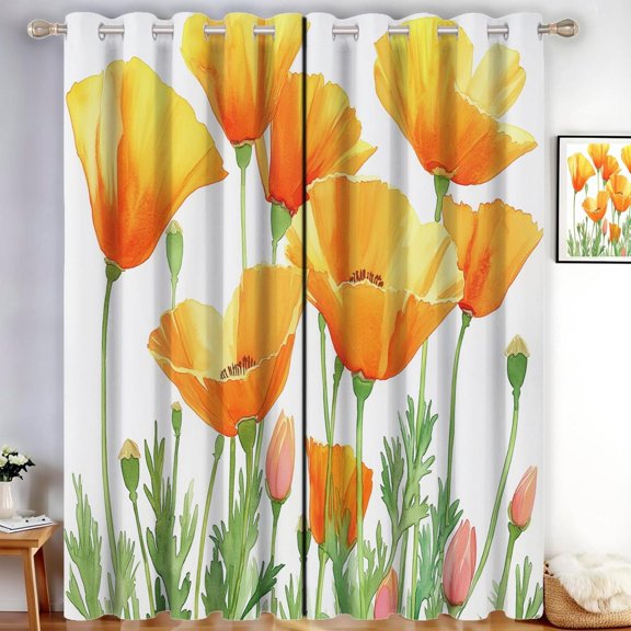 Hand Drawn Flowers Blackout Curtains For Bedroom And Living Room - California Poppy Thermal Insulated Room Darkening Curtains 42"W x 90"L (Pack of 2)