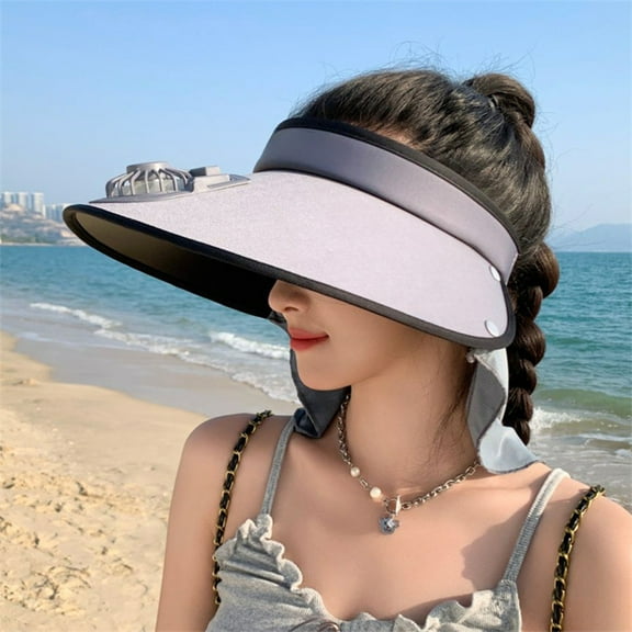 Sun Visors Hat With Fan, Female Style Wide Brimmed Sun Protection Hat, USB Rechargeable Built-in Fan Hat With 3 Gear Wind Speed, Large Area Sun Protection, Adjustable Elastic Buckle