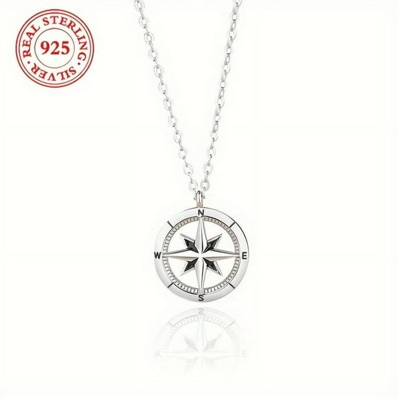 Exquisite 925 Sterling Silver Geometric Compass Pendant Necklace with Eight-Pointed Star - Elegant, Dainty, and Versatile Jewelry for Women and Girlfriend - Perfect Gift for Any Occasion,White Golden