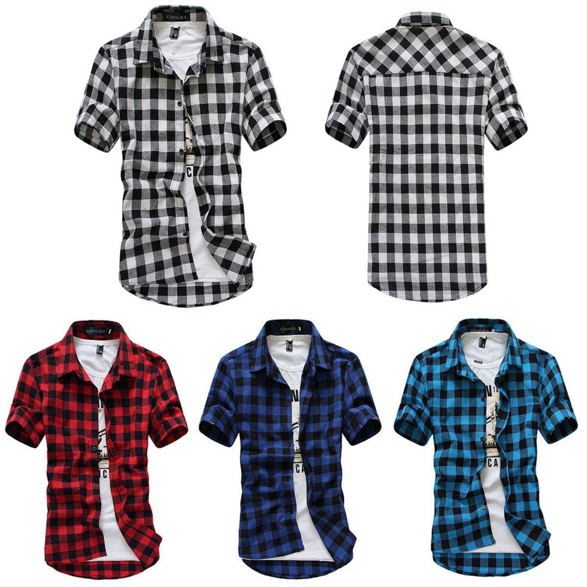 Mens Check T-Shirt Short Sleeve Blouse Summer Casual Slim Fit Plaid Tops S-2XL