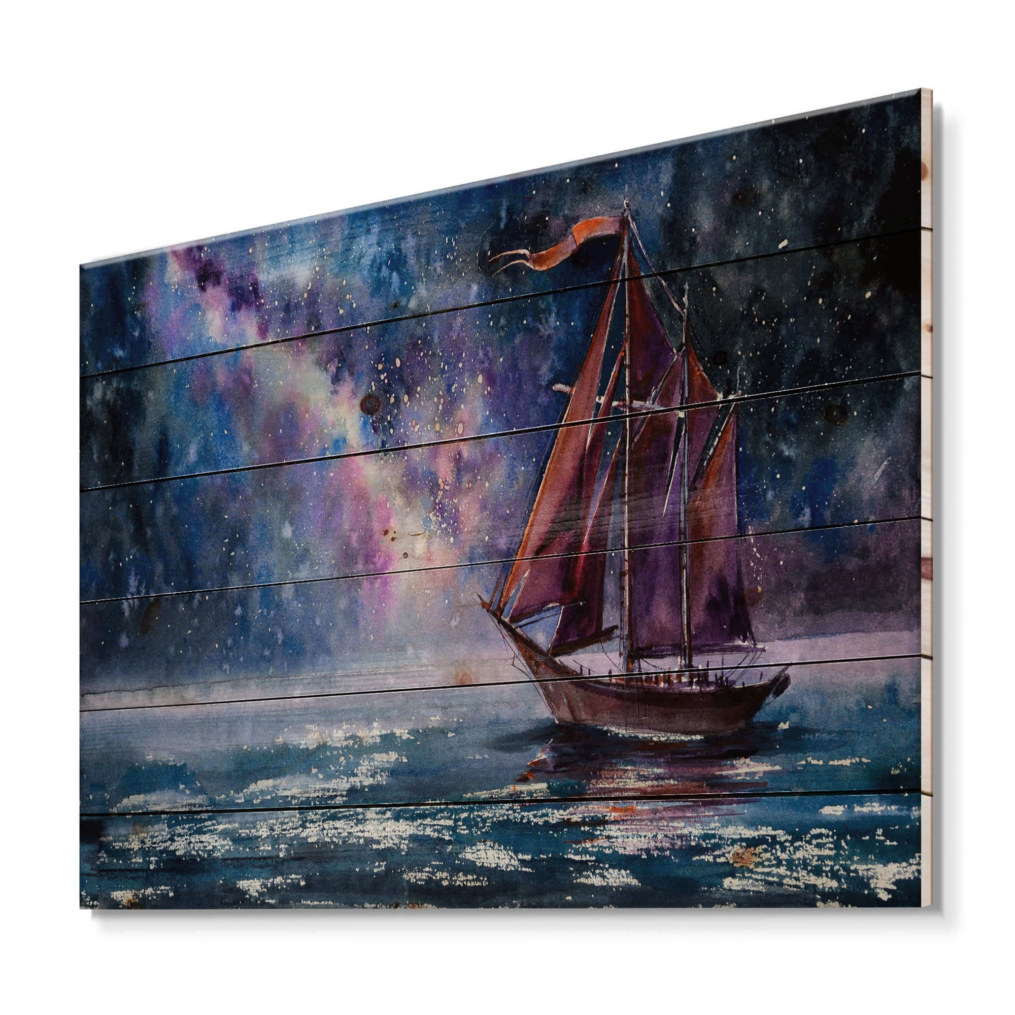 Designart 'Red Sails & Bright Night Sky With Wooden Sailboat' Nautical & Coastal Print on Natural Pine Wood